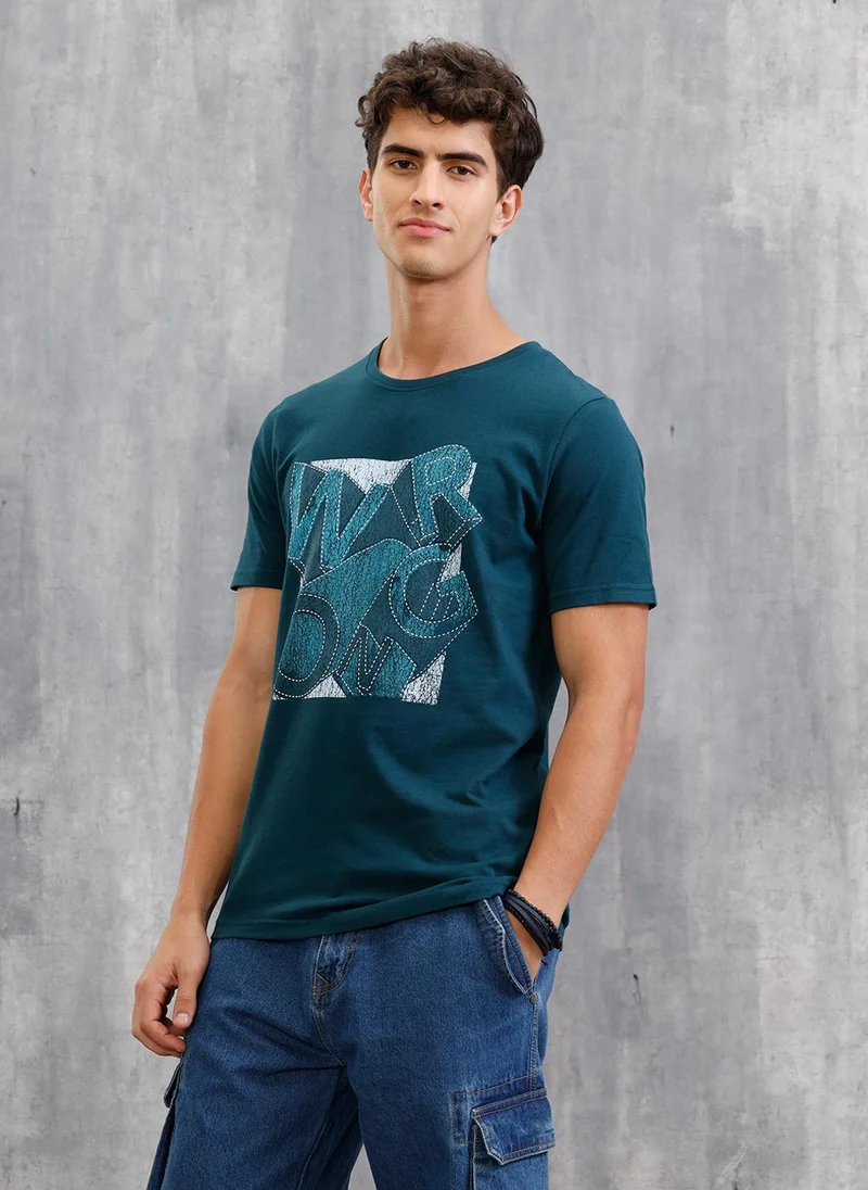 Wrogn Denim Patchwork Inspired Chest Graphic T-Shirt | Teal